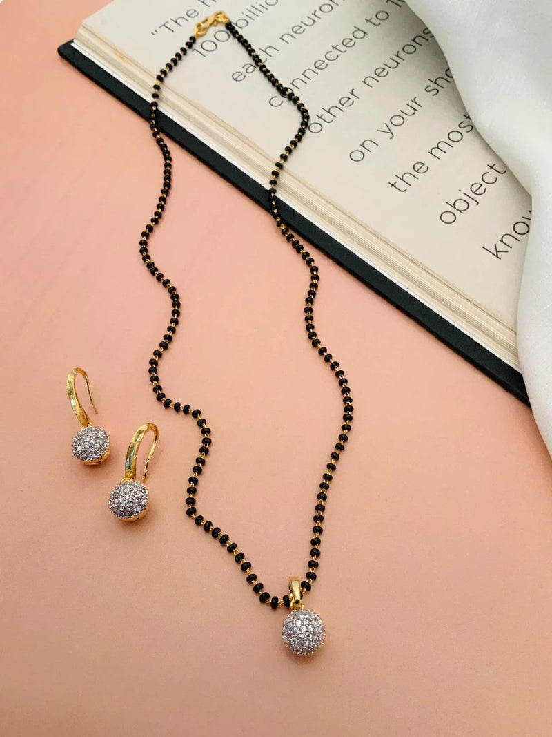 gold-plated American diamond mangalsutra.Gold-Plated American Diamond Mangalsutra for Women – Elegant Black Bead Necklace for Daily & Wedding Wear