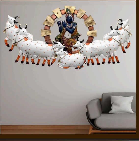 Lord Krishna with Cows Wall Decor | Premium Metal Krishna Wall Art for Living Room, Home & Pooja Room