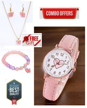 1. Flower Combo Wrist White Dial Pink Strap Analog Watch for Girls with bracelet and nacklece