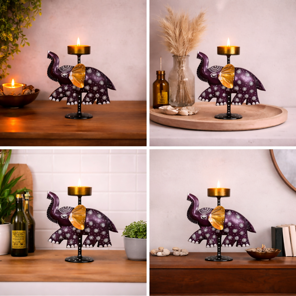 Elephant Candle Holder Stand | Decorative Metal Tealight Holder | Handcrafted Elephant Home Decor for Living Room & Table