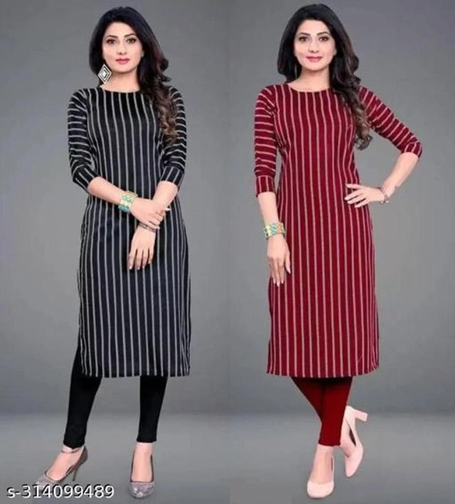 Crepe Striped Kurti for Women (Black & Red, S) (Pack of 2)Crepe Striped Kurti Combo for Women (Black & Red, S) – Pack of 2 Stylish Casual & Daily Wear Kurtis