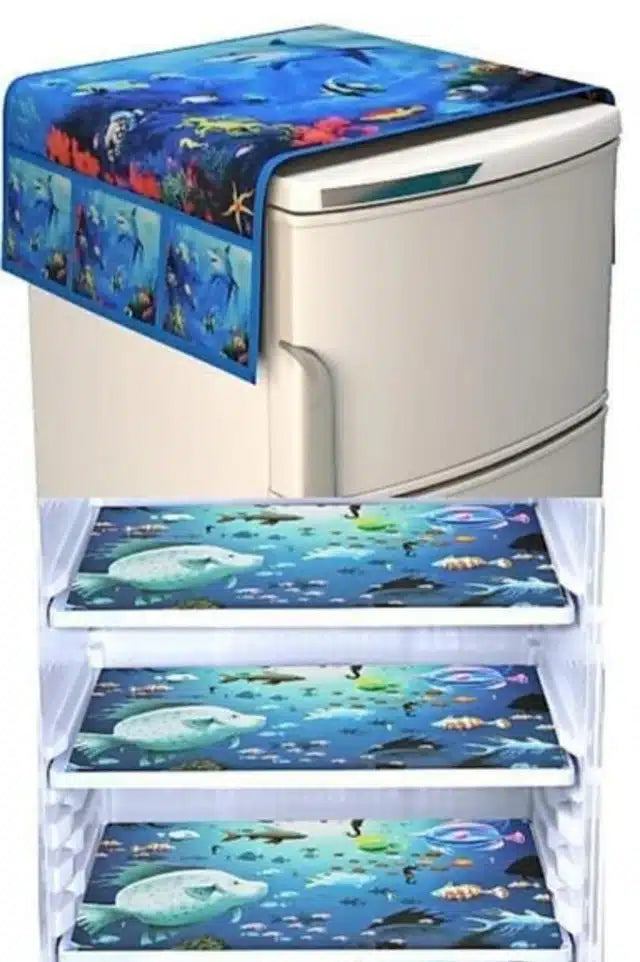 Knit Printed Fridge 3 Pcs Mat with Top Cover (Blue, Set of 1)Knit Printed Fridge Mat Set (3 Pcs) with Top Cover – Blue | Dustproof Refrigerator Shelf Liners & Top Protection | Kitchen Organizer
