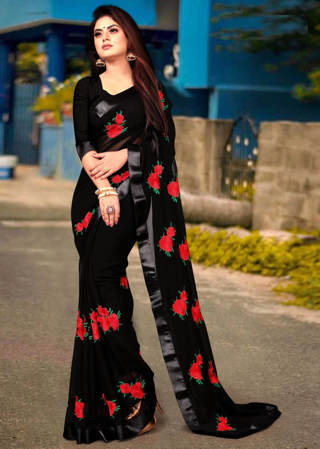 Georgette Embroidered Saree for Women (Bottle Green, 6.3 m)Georgette Embroidered Saree for Women Bottle Green 6.3m | Elegant Party & Festive Wear Saree