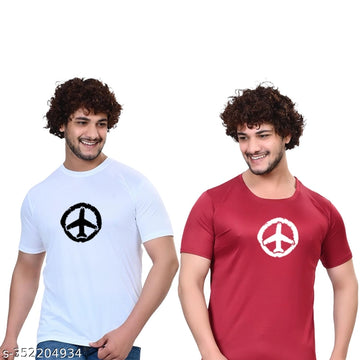 Cotton Blend Round Neck Printed T-Shirt for Men (White & Maroon, S) (Pack of 2)