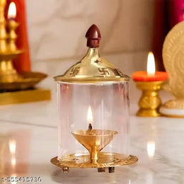 Brass  Akhand Deep Diya with Cover for Puja | Deepam Jyot Diya.Traditional Brass Akhand Jyot Diya with Protective Cover for Puja
