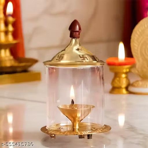 Brass and Glass Akhand Deep Diya with Cover for Puja | Deepam Jyot Diya Oil Lamp.Brass & Glass Akhand Deep Diya with Cover | Jyot Oil Lamp for Puja, Mandir & Diwali Decoration