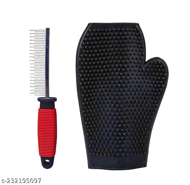 Stainless Steel Comb with Grooming Gloves for Pet (Multicolor, Set of 2)Stainless Steel Comb with Grooming Gloves for Pets (Set of 2) | Hair Removal & Grooming Kit (Multicolor)