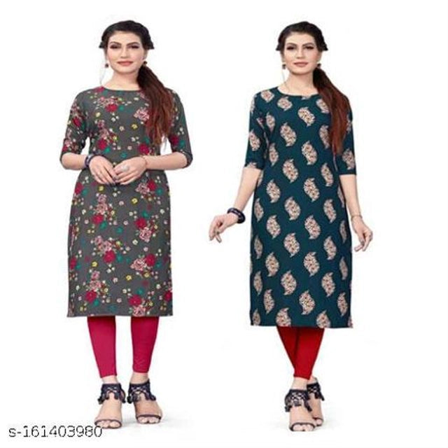 Crepe Printed Kurti for Women (Grey & Teal, S) (Pack of 2)Crepe Printed Kurti Combo for Women (Grey & Teal, S) – Pack of 2 Stylish Casual & Daily Wear Ethnic Kurtis