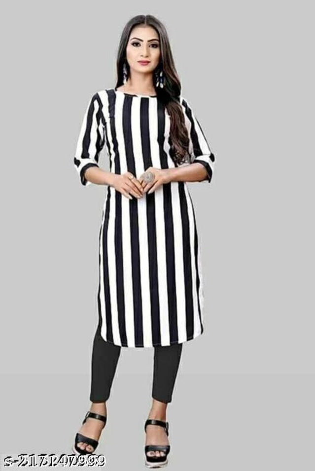 Crepe Striped Kurti for Women (Black & White, S)Crepe Striped Kurti for Women (Black & White, S) – Stylish Casual & Daily Wear Ethnic Kurta
