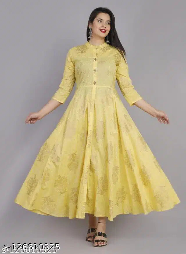 Anarkali Rayon Printed Kurti for Women (Yellow, L)Anarkali Rayon Printed Kurti for Women (Yellow, L) – Elegant Flared Ethnic Dress for Casual, Festive & Party Wear