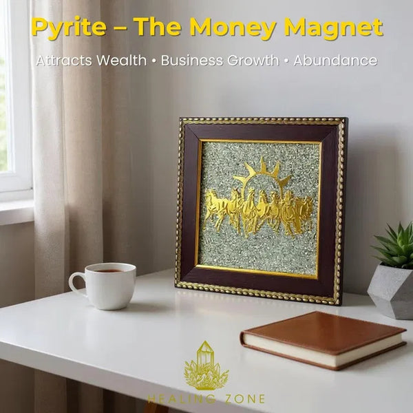 HEALING ZONE 7 Horses on Raw Pyrite Frame.Healing Zone 7 Running Horses Frame with Raw Pyrite – Vastu & Feng Shui Wealth Decor
