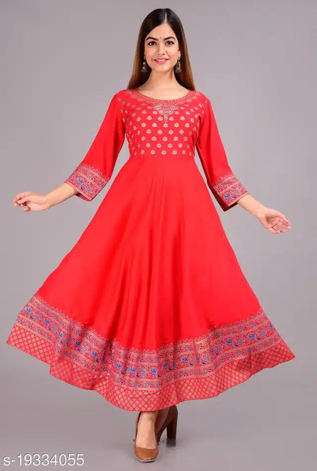 Rayon Printed Anarkali Kurti for Women (Red, S)Rayon Printed Anarkali Kurti for Women (Red, S) – Elegant Flared Ethnic Dress for Casual, Festive & Party Wear