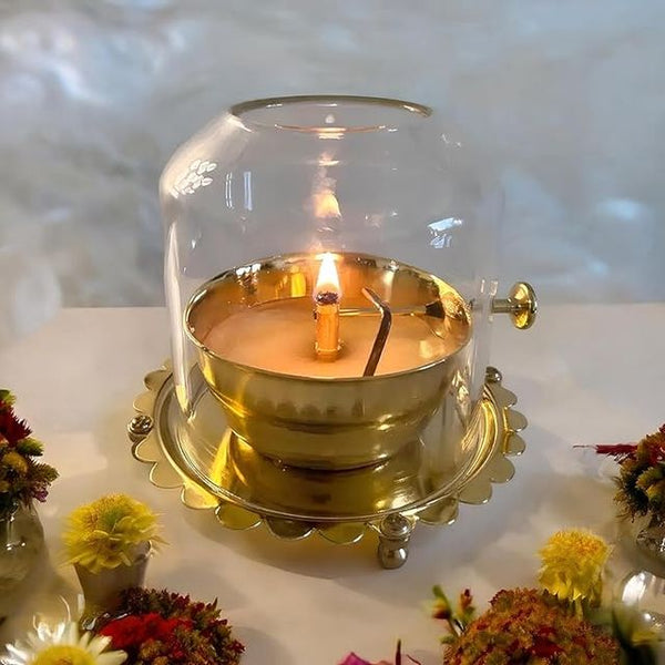 Akhand Diya Lamp with Adjustable wick & GlassAkhand Diya Lamp with Glass Cover & Adjustable Wick – Puja Oil Lamp