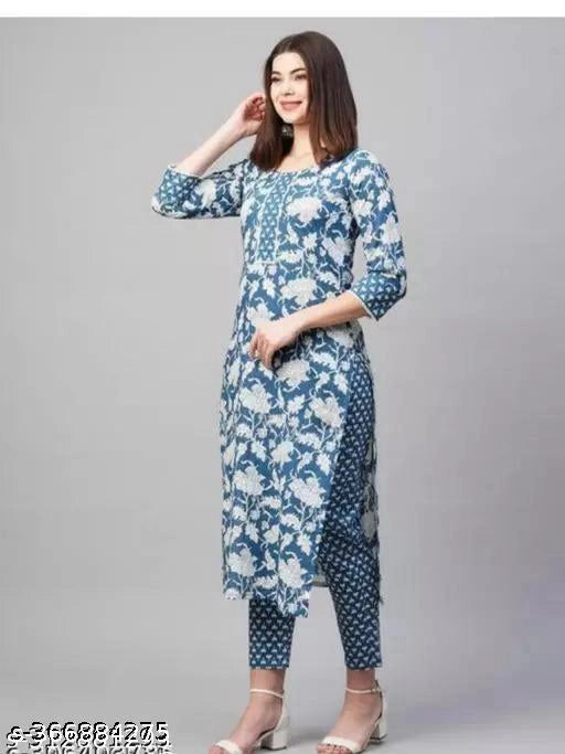 Multicolor Cotton Printed Kurti with Pant Set for Women (Size S) Stylish Daily Wear