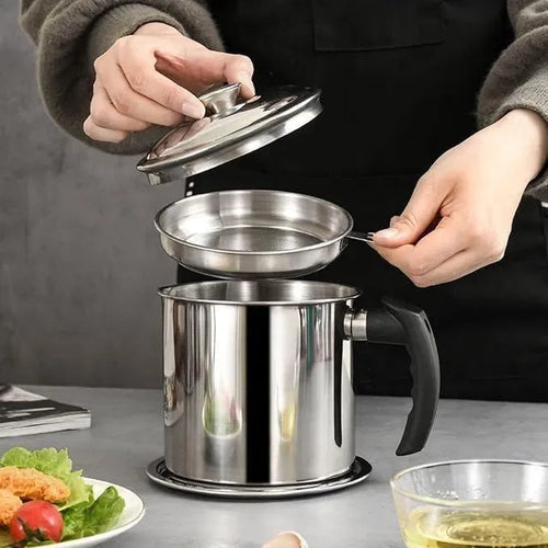 Stainless Steel Oil Pot With Filter & Lid.Stainless Steel Oil Pot with Filter & Lid – Kitchen Grease Strainer Container for Cooking Oil Storage