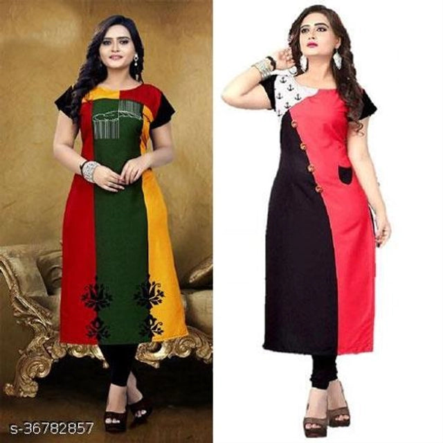 Crepe Printed Kurti for Women (Green & Pink, M) (Pack of 2)Crepe Printed Kurti Combo for Women (Green & Pink, M) – Pack of 2 Stylish Casual & Daily Wear Ethnic Kurtis