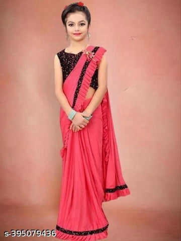 Lycra Solid Saree for Girls (Pink, 3-4 Years).Beautiful and comfortable lycra solid saree for girls aged 3–4 years. Soft, stretchable, and perfect for festivals, parties, and special occasions.