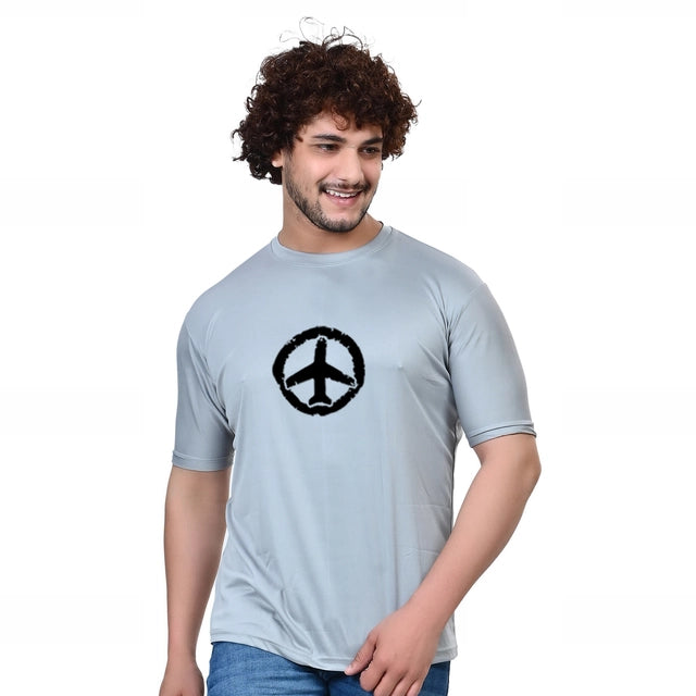 Cotton Blend Round Neck Printed T-Shirt for Men (Grey, S)