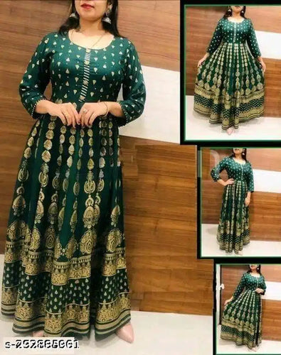 Anarkali Rayon Printed Kurti for Women (Bottle Green & Gold, M)Anarkali Rayon Printed Kurti for Women (Bottle Green & Gold, M) – Elegant Flared Ethnic Dress for Festive & Party Wear