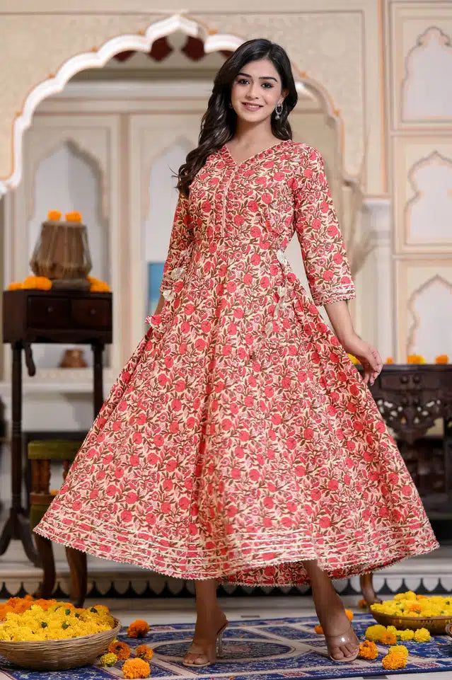 Cotton Printed Anarkali Kurti for Women (Red, M)Cotton Printed Anarkali Kurti for Women (Red, M) – Elegant Flared Ethnic Dress for Casual, Festive & Daily Wear