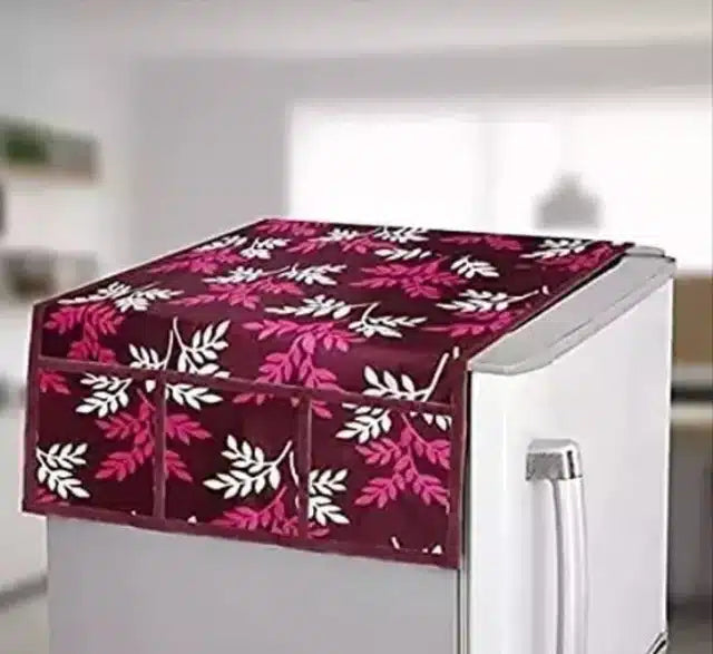 Knit Printed Fridge 4 Pcs Mat with Top Cover (Wine, Set of 1)Knit Printed Fridge Mat Set (4 Pcs) with Top Cover – Wine | Dustproof Refrigerator Shelf Liners & Top Protection | Kitchen Organizer