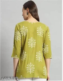 Printed Rayon Green Short Kurti For Girls and Women