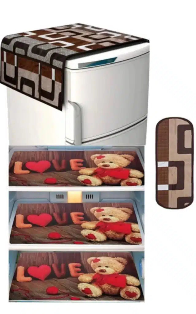 Knit Printed Fridge 3 Pcs Mat with Top & Handle Cover (Multicolor, Set of 1)Knit Printed Fridge Mat Set (3 Pcs) with Top & Handle Cover | Dustproof Refrigerator Shelf & Top Protection | Multicolor Kitchen Organizer