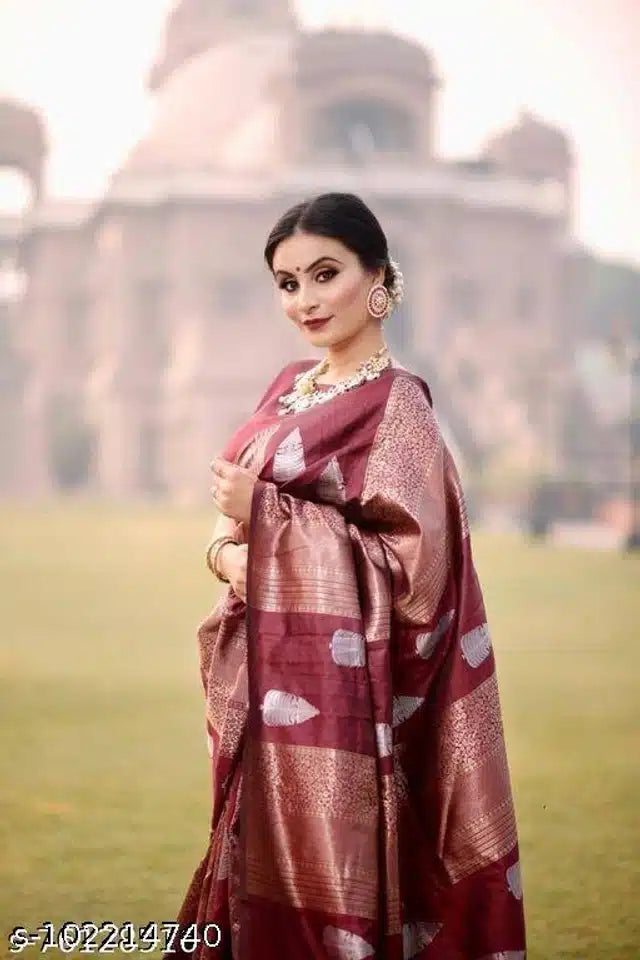 Dark Red Art Silk Saree with Blouse Piece (6.3 m) Elegant Festive & Party Wear