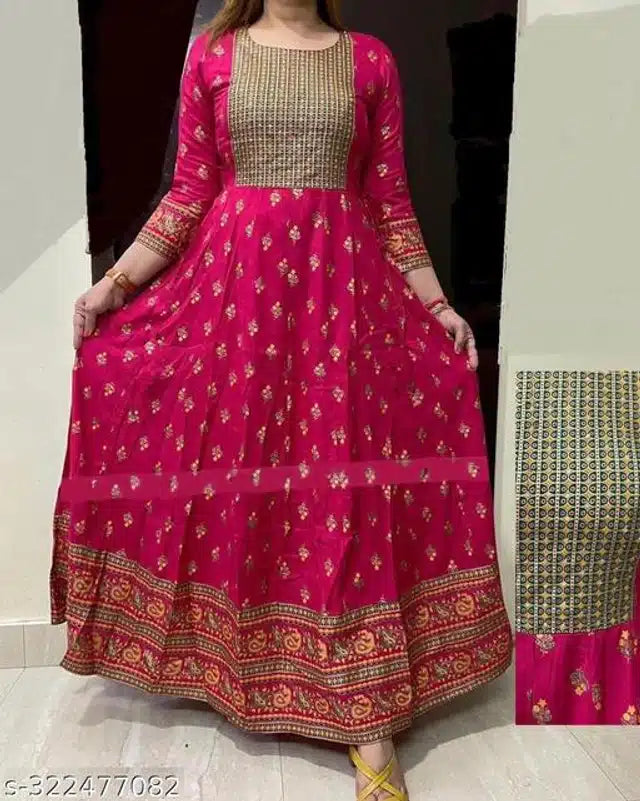 Anarkali Rayon Printed Kurti for Women (Dark Pink, S)Anarkali Rayon Printed Kurti for Women (Dark Pink, S) – Elegant Flared Ethnic Dress for Casual, Festive & Party Wear