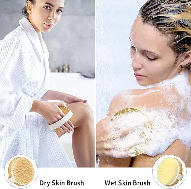 Wood Bath Brush for Men and Women Loofah Bath Sponge with Handle Soft Nylon Mesh Back Cleaner