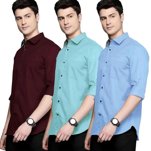 Men’s Pack of 3 Plain Shirts – Premium Cotton Regular Fit Full Sleeve Casual & Formal Solid Shirt Combo Set for Office, Daily & Party Wear – Comfortable & Breathable Fabric