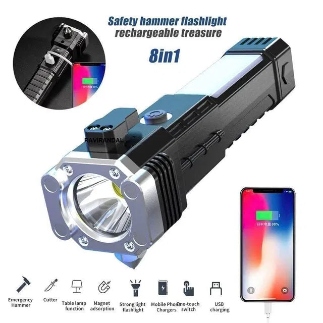 8 in 1 Portable Rechargeable Torch LED Flashlight.8 in 1 Portable Rechargeable LED Torch Flashlight with Emergency Light, Power Bank & Multi-Mode Lighting