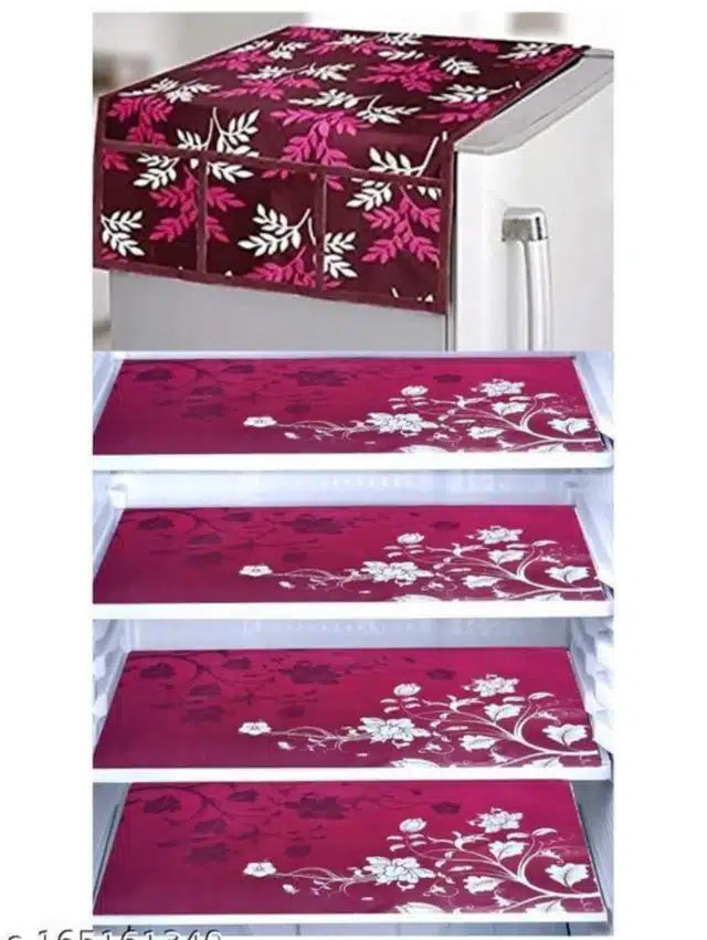 Knit Printed Fridge 4 Pcs Mat with Top Cover (Wine, Set of 1)Knit Printed Fridge Mat Set (4 Pcs) with Top Cover – Wine | Dustproof Refrigerator Shelf Liners & Top Protection | Kitchen Organizer