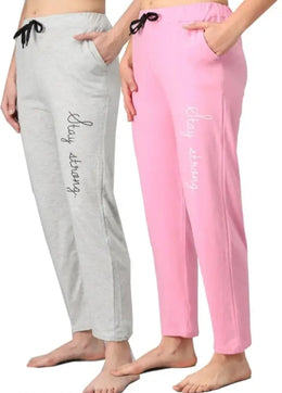 Cotton Blend Straight Fit Trouser for Women (Grey & Pink, M) (Pack of 2)