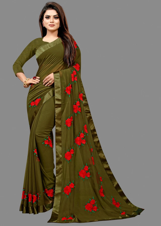 Bottle Green Georgette Embroidered Saree with Blouse Piece (6.3 m) Elegant Party Wear