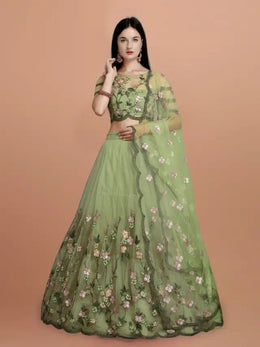 Net Embroidred Semi Stiched Lehenga Choli for Women (Green)Net Embroidered Semi-Stitched Lehenga Choli for Women (Green) – Elegant Party Wear & Wedding Ethnic Lehenga Set