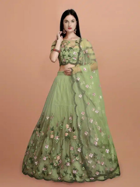 Net Embroidred Semi Stiched Lehenga Choli for Women (Green)Net Embroidered Semi-Stitched Lehenga Choli for Women (Green) – Elegant Party Wear & Wedding Ethnic Lehenga Set