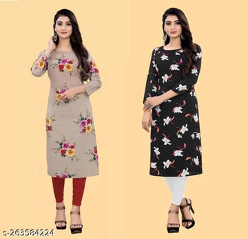 Crepe Printed Kurti for Women (Brown & Black, S) (Pack of 2)Crepe Printed Kurti Combo for Women (Brown & Black, S) – Pack of 2 Stylish Casual & Daily Wear Ethnic Kurtis