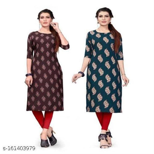 Crepe Printed Kurti for Women (Brown & Green, S) (Pack of 2)Crepe Printed Kurti Combo for Women (Brown & Green, S) – Pack of 2 Stylish Casual & Daily Wear Ethnic Kurtis