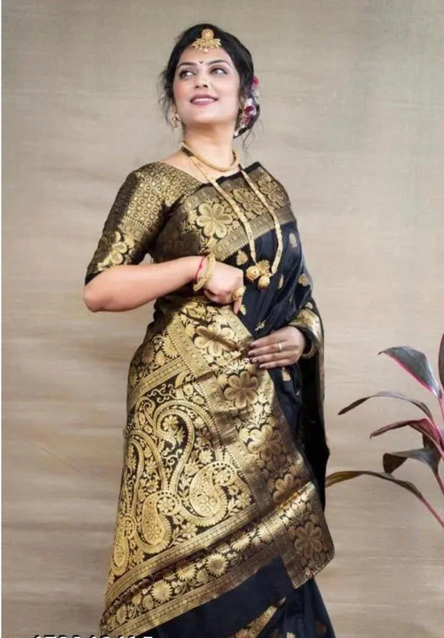 Black Banarasi Silk Woven Design Saree with Blouse Piece (6.3 m) Elegant Wedding & Festive Wear