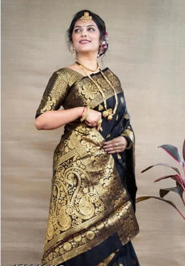 Black Banarasi Silk Woven Design Saree with Blouse Piece (6.3 m) Elegant Wedding & Festive Wear