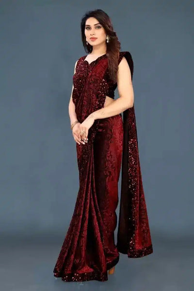 Lycra Sequence Saree for Women (Purple, 6.3 m) – Stretchable Party Wear Sequin Saree with Blouse Piece