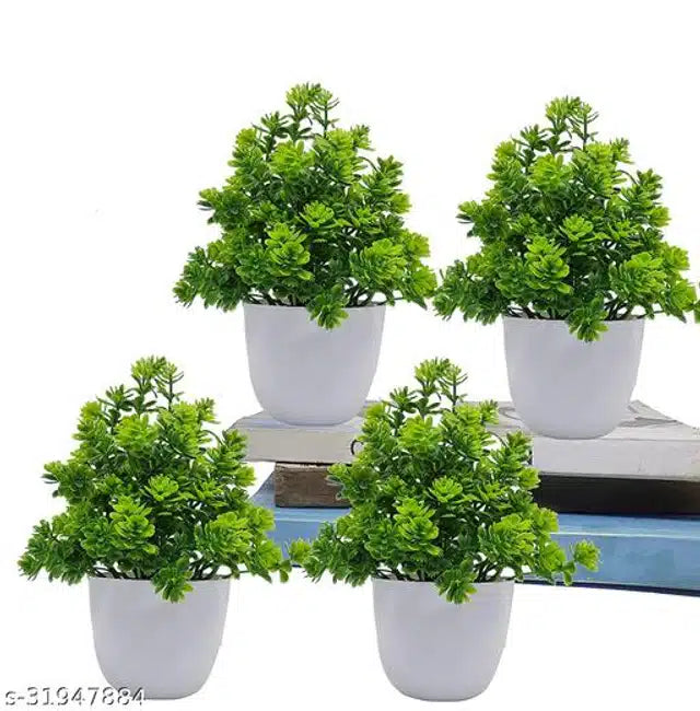 Artificial Plants with Pot (Green & White, Pack of 4)Artificial Plants with Pots (Pack of 4, Green & White) | Mini Indoor Decorative Plants for Home & Office Decor