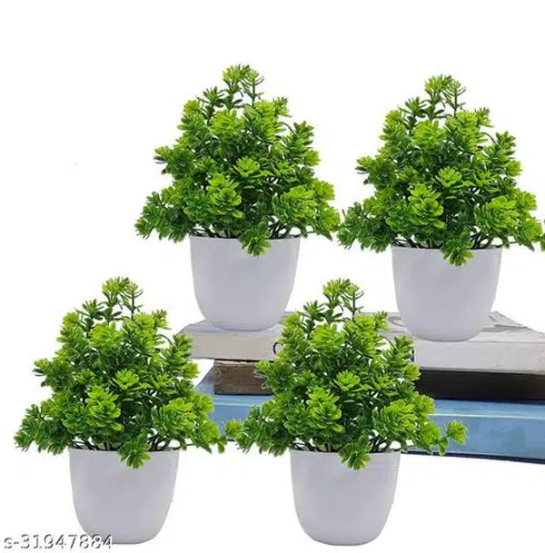 Artificial Plants with Pot (Green & White, Pack of 4)Artificial Plants with Pots (Pack of 4, Green & White) | Mini Indoor Decorative Plants for Home & Office Decor