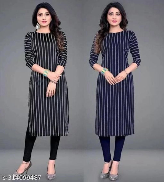 Crepe Striped Kurti for Women (Black & Blue, S) (Pack of 2)Crepe Striped Kurti Combo for Women (Black & Blue, S) – Pack of 2 Stylish Casual & Daily Wear Kurtis