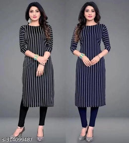 Crepe Striped Kurti for Women (Black & Blue, S) (Pack of 2)Crepe Striped Kurti Combo for Women (Black & Blue, S) – Pack of 2 Stylish Casual & Daily Wear Kurtis