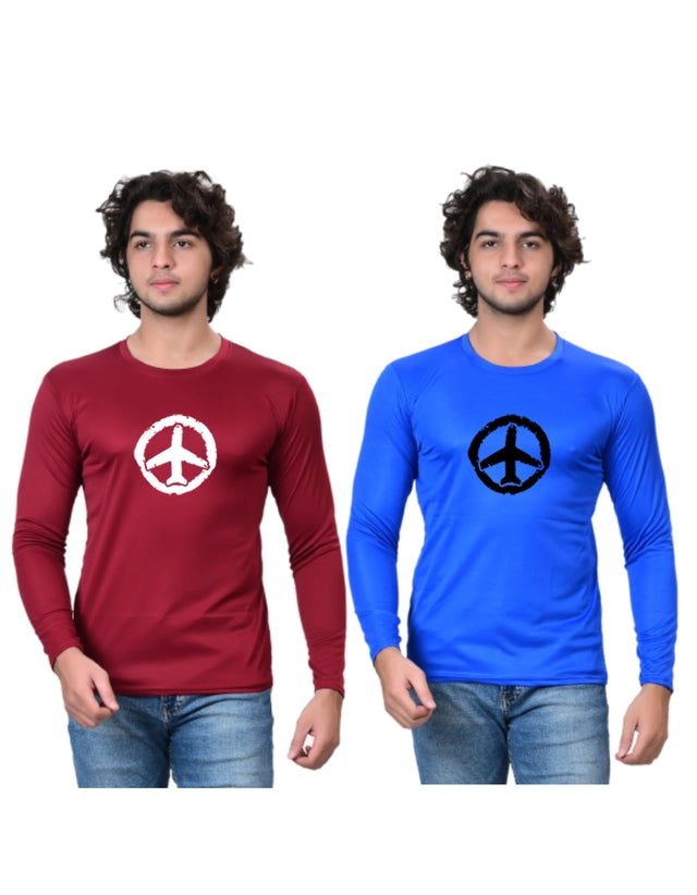 Cotton Blend Round Neck Printed T-Shirt for Men (Blue & Maroon, S) (Pack of 2)