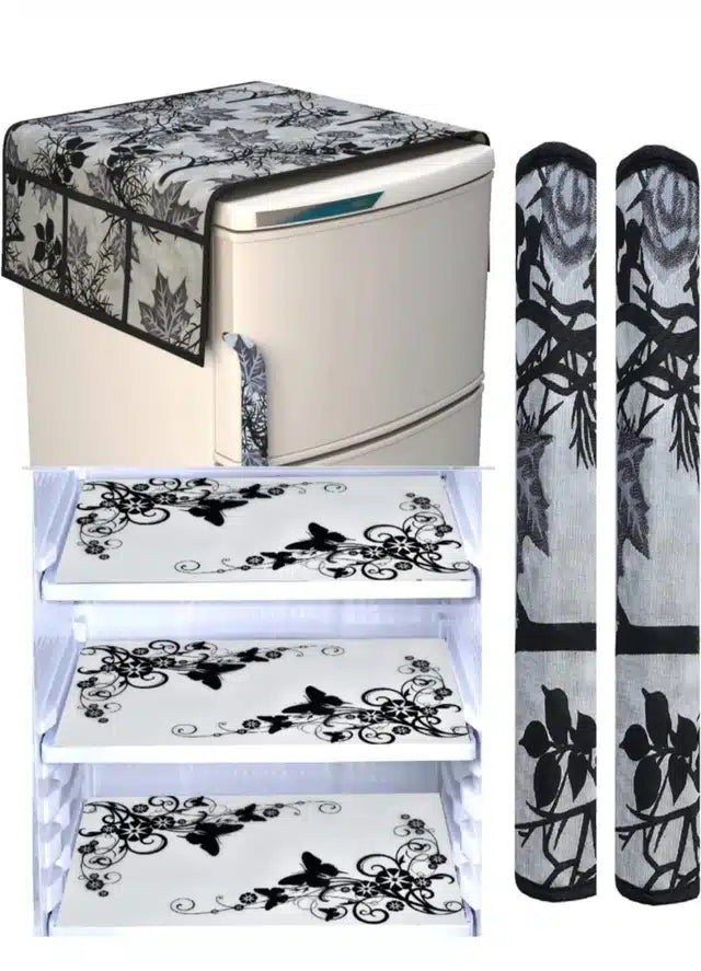 Knit Printed Fridge 3 Pcs Mat with 2 Pcs Handle & Top Cover (Multicolor, Set of 1)Knit Printed Fridge Mat Set (3 Pcs) with Top Cover & 2 Handle Covers | Dustproof Refrigerator Shelf Liners | Multicolor Kitchen Organizer