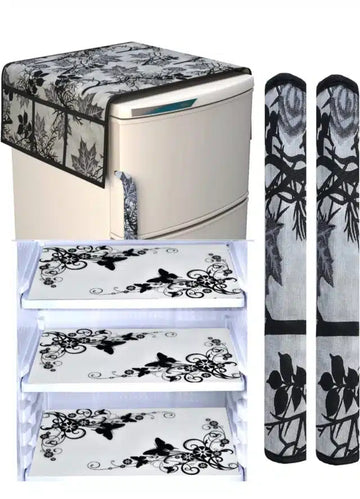Knit Printed Fridge 3 Pcs Mat with 2 Pcs Handle & Top Cover (Multicolor, Set of 1)Knit Printed Fridge Mat Set (3 Pcs) with Top Cover & 2 Handle Covers | Dustproof Refrigerator Shelf Liners | Multicolor Kitchen Organizer