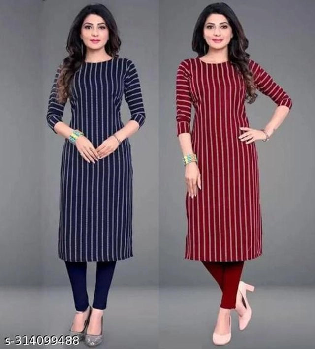 Crepe Striped Kurti for Women (Blue & Red, S) (Pack of 2)Crepe Striped Kurti Combo for Women (Blue & Red, S) – Pack of 2 Stylish Casual & Daily Wear Kurtis